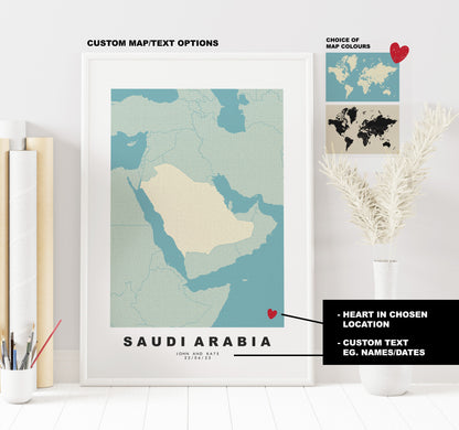 Saudi Arabia Map Print - Personalised Map Gift - Framed or Canvas Options Available - Custom Text Options - Personalised Gift - Middle East