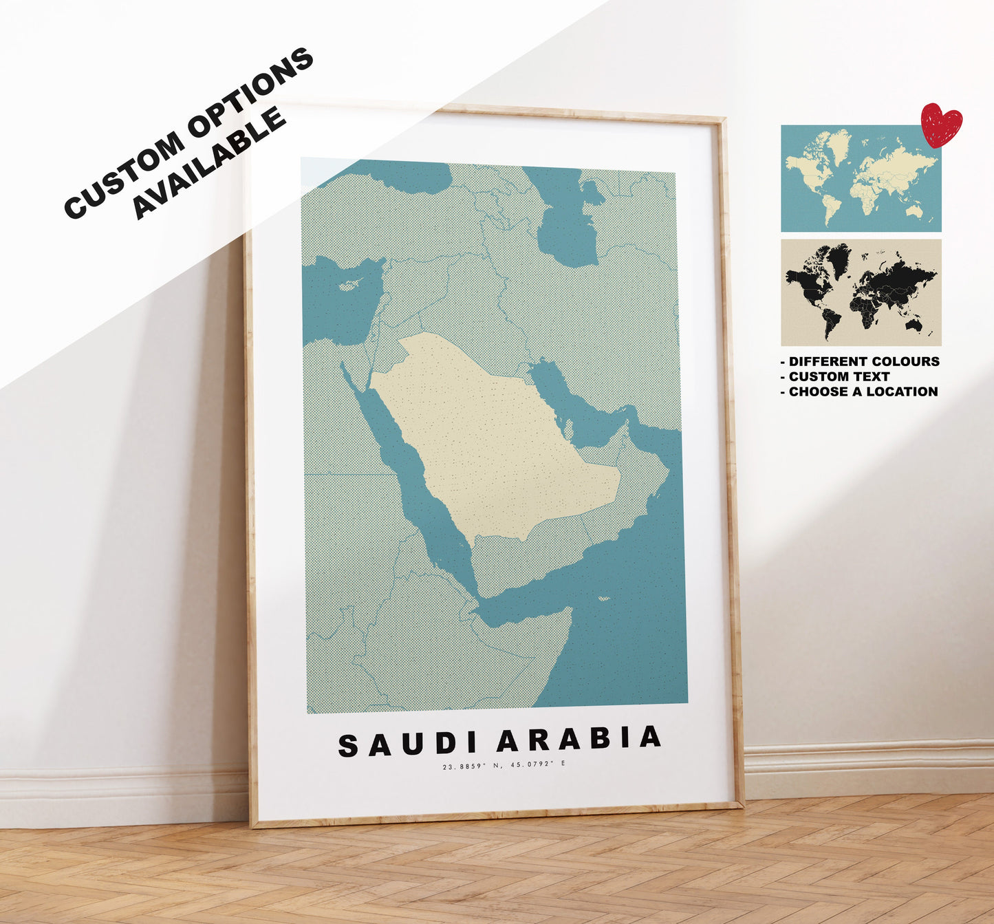 Saudi Arabia Map Print - Personalised Map Gift - Framed or Canvas Options Available - Custom Text Options - Personalised Gift - Middle East