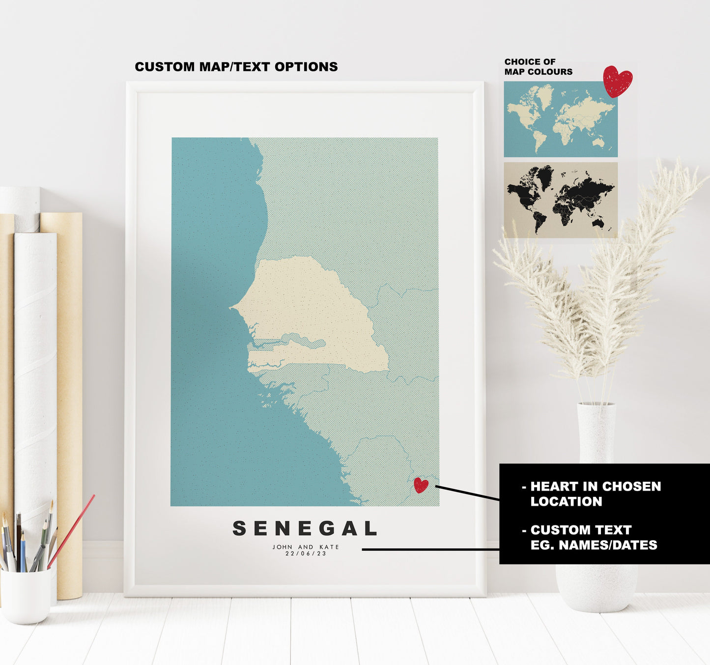 Senegal Map Print - Personalised Map Gift - Framed or Canvas Options Available - Custom Text Options - Personalised Gift - Africa