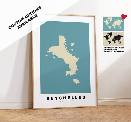 Seychelles Map Print - Personalised Map Gift - Framed or Canvas Options Available - Custom Text Options - Personalised Gift - Africa