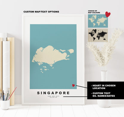 Singapore Map Print - Personalised Map Gift - Framed or Canvas Options Available - Custom Text Options - Personalised Gift - Asia