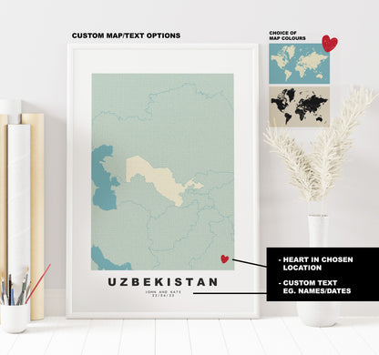 Uzbekistan Map Print - Personalised Map Gift - Framed or Canvas Options Available - Custom Text Options - Personalised Gift - Asia