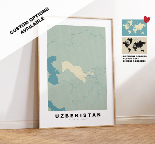 Uzbekistan Map Print - Personalised Map Gift - Framed or Canvas Options Available - Custom Text Options - Personalised Gift - Asia