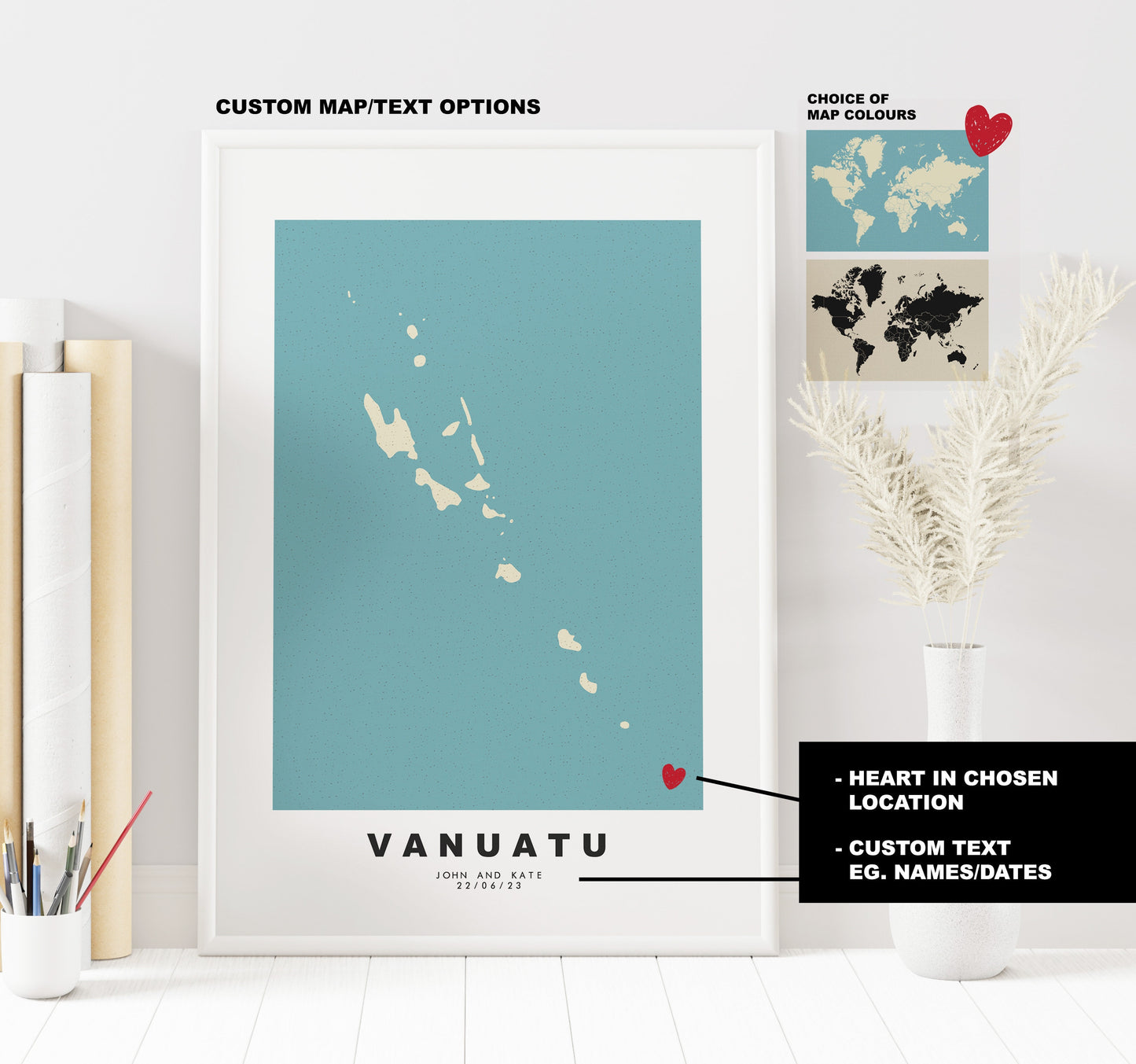 Vanuatu Map Print - Personalised Map Gift - Framed or Canvas Options Available - Custom Text Options - Personalised Gift - Oceania