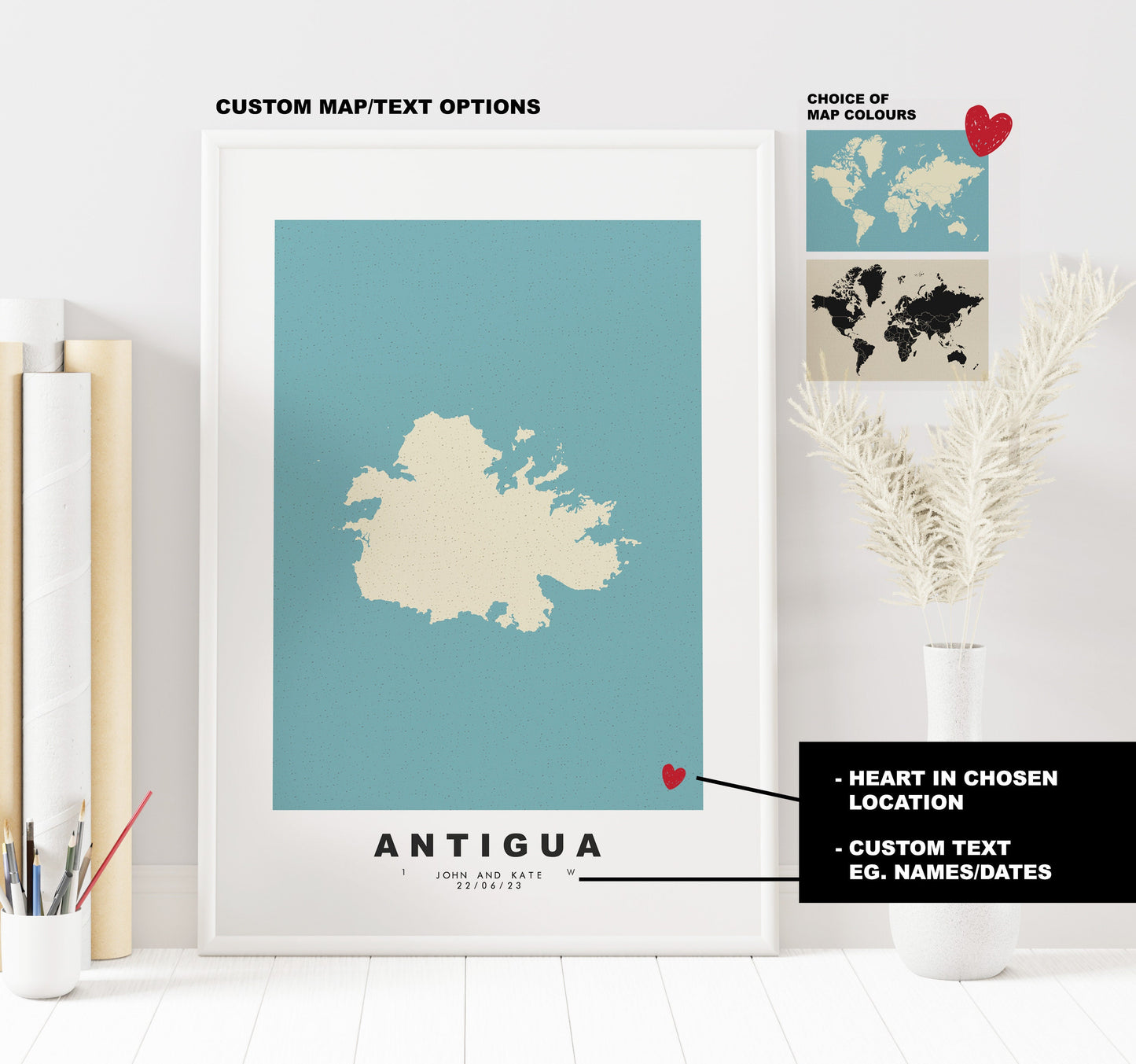 Antigua Map Print - Personalised Map Gift - Framed or Canvas Options Available - Custom Text Options - Personalised Gift - Caribbean