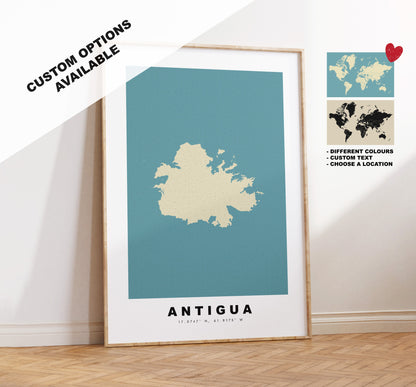 Antigua Map Print - Personalised Map Gift - Framed or Canvas Options Available - Custom Text Options - Personalised Gift - Caribbean