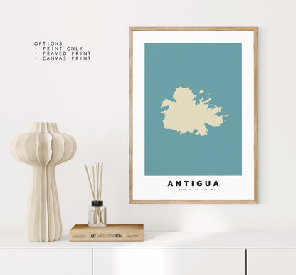 Antigua Map Print - Personalised Map Gift - Framed or Canvas Options Available - Custom Text Options - Personalised Gift - Caribbean