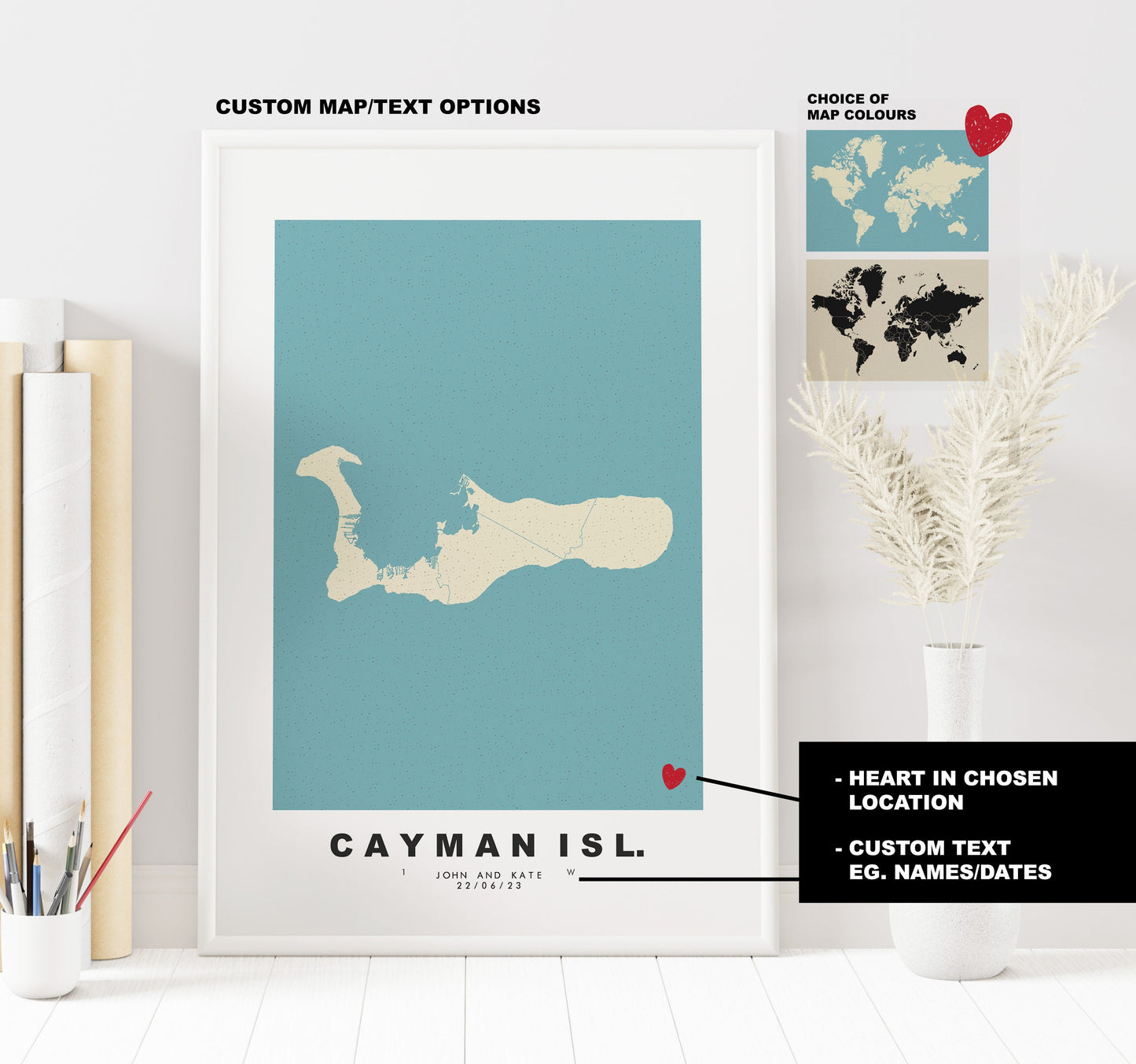 Cayman Islands Map Print - Personalised Map Gift - Framed or Canvas Options Available - Custom Text Options - Personalised Gift - Carribean