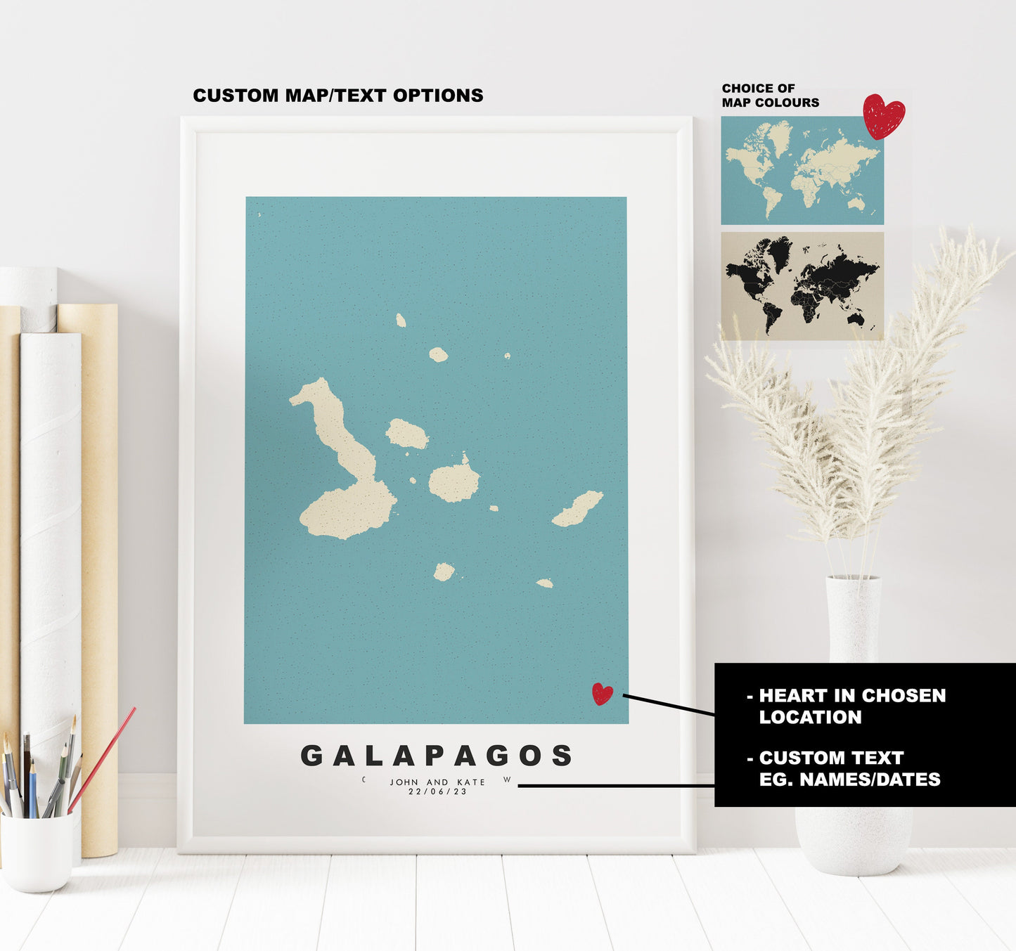 Galapagos Islands Map Print - Personalised Map Gift - Framed or Canvas Options Available - Custom Text Options - Personalised Gift - South America