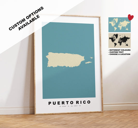 Puerto Rico Map Print - Personalised Map Gift - Framed or Canvas Options Available - Custom Text Options - Personalised Gift - US States & Islands - Caribbean