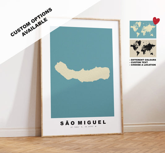 Sao Miguel Map Print - Personalised Map Gift - Framed or Canvas Options Available - Custom Text Options - Personalised Gift - Portugal & Islands