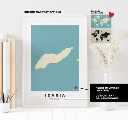 Icaria Map Print - Personalised Map Gift - Framed or Canvas Options Available - Custom Text Options - Personalised Gift - Greece & Islands