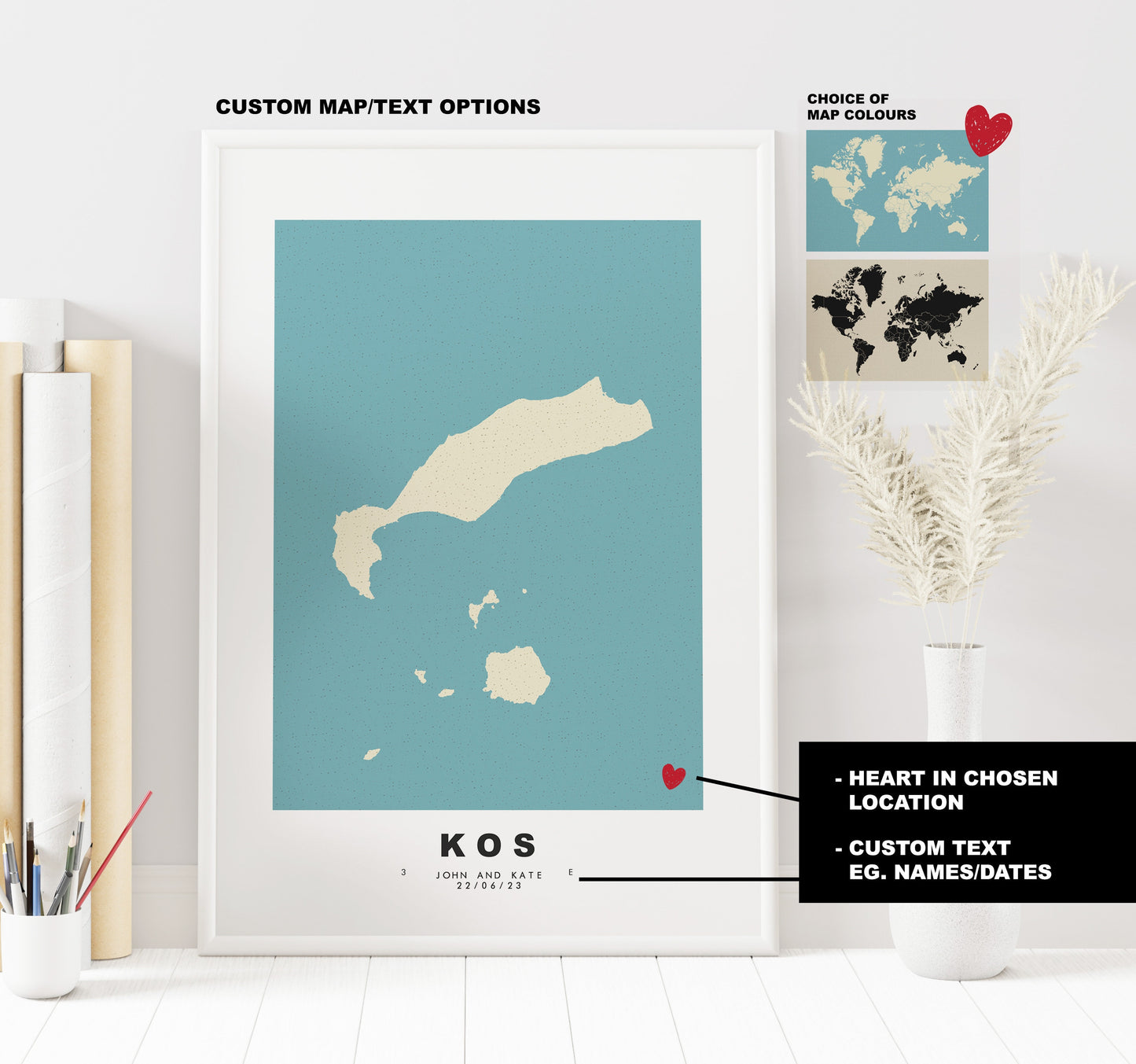 Kos Map Print - Personalised Map Gift - Framed or Canvas Options Available - Custom Text Options - Personalised Gift - Greece & Islands