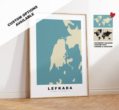 Lefkada Map Print - Personalised Map Gift - Framed or Canvas Options Available - Custom Text Options - Personalised Gift - Greece & Islands