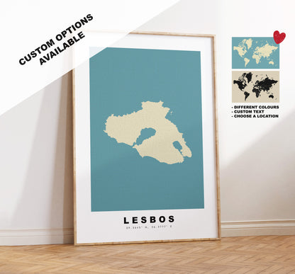 Lesbos Map Print - Personalised Map Gift - Framed or Canvas Options Available - Custom Text Options - Personalised Gift - Greece & Islands