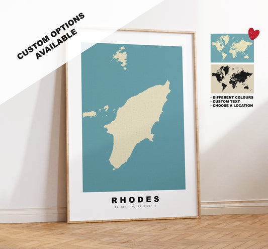 Rhodes Map Print - Personalised Map Gift - Framed or Canvas Options Available - Custom Text Options - Personalised Gift - Greece & Islands