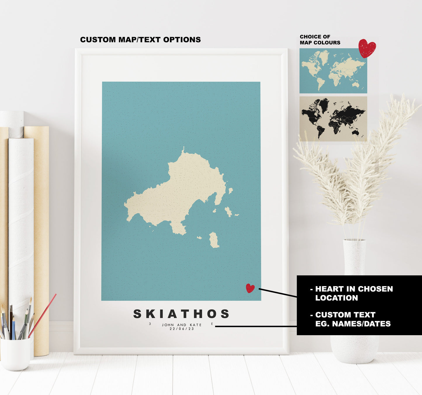 Skiathos Map Print - Personalised Map Gift - Framed or Canvas Options Available - Custom Text Options - Personalised Gift - Greece & Islands