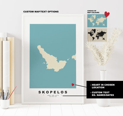 Skopelos Map Print - Personalised Map Gift - Framed or Canvas Options Available - Custom Text Options - Personalised Gift - Greece & Islands