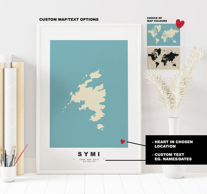 Symi Map Print - Personalised Map Gift - Framed or Canvas Options Available - Custom Text Options - Personalised Gift - Greece & Islands