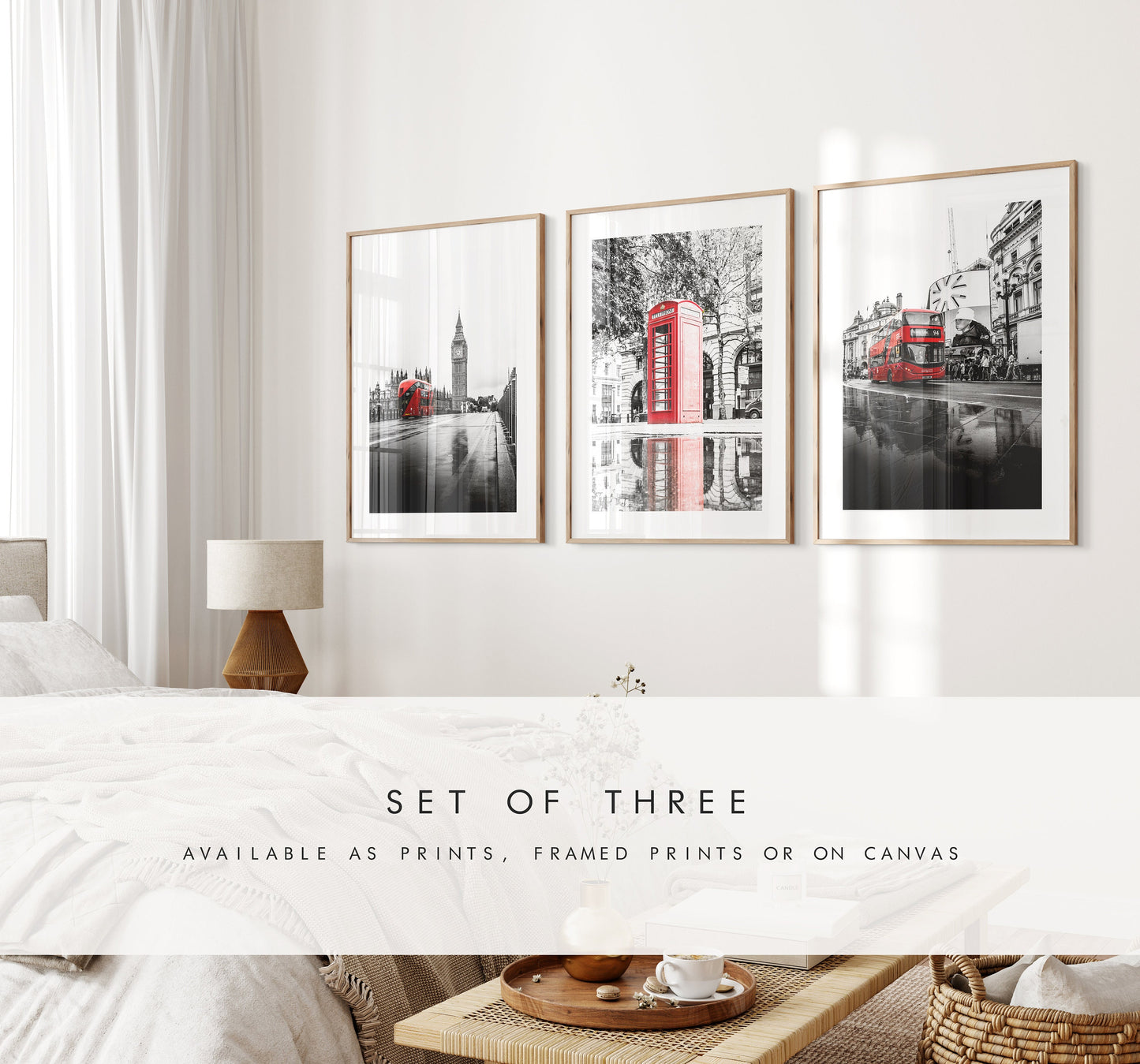 London Print Set of Three - Black and White - Pop of Red - London Print Set - London Photography - Fine Art Photography - London Poster Set