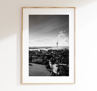 Portsmouth Skyline - Photography Print - Portsmouth and Southsea Prints - Wall Art -  Frame and Canvas Options - Portrait - BW - Aerial