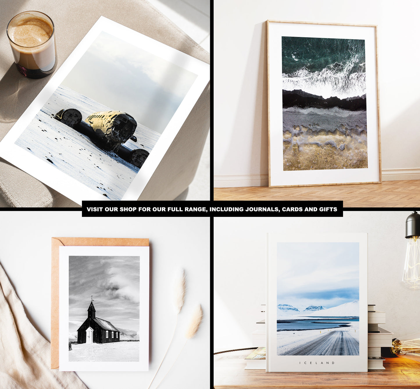 a collage of photos of a lighthouse and a glass of coffee