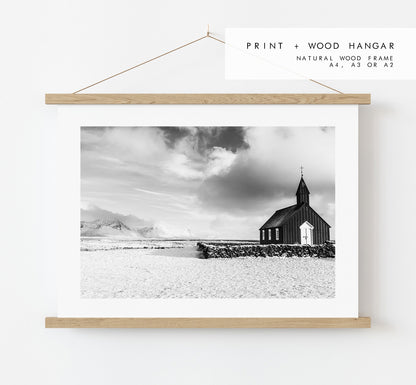 Budir Church - Iceland Photography Print - Iceland Wall Art - Iceland Poster - Black and White Photography - Landscape - Architecture - Art