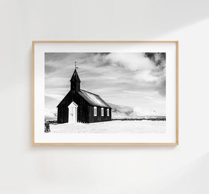 Budir Church Print - Iceland Photography Print - Iceland Wall Art - Iceland Poster - Black and White Photography - Landscape - Black Church