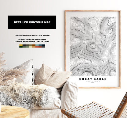 Great Gable Print - Contour Map -  Great Gable Lake District Map - Lake District - Topographic Map - Print - Poster - Wall Art - Topography