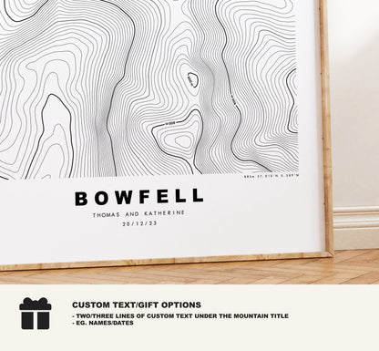 Bowfell Print - Contour Map -  Bowfell Lake District Map - Lake District - Topographic Map - Print - Poster - Wall Art - Topography