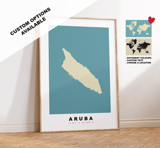 Aruba Map Print - Personalised Map Gift - Framed or Canvas Options Available - Custom Text Options - Personalised Gift - Caribbean