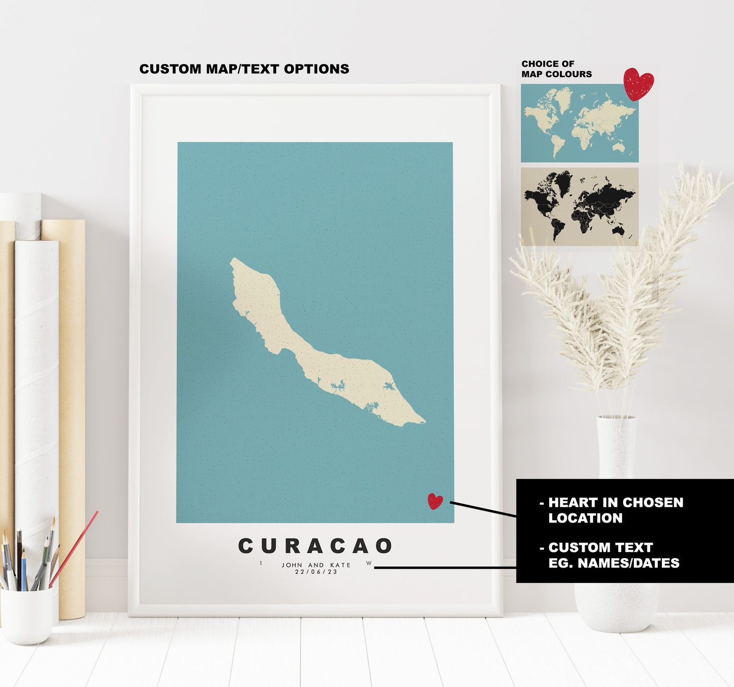 Curacao Map Print - Personalised Map Gift - Framed or Canvas Options Available - Custom Text Options - Personalised Gift - Caribbean