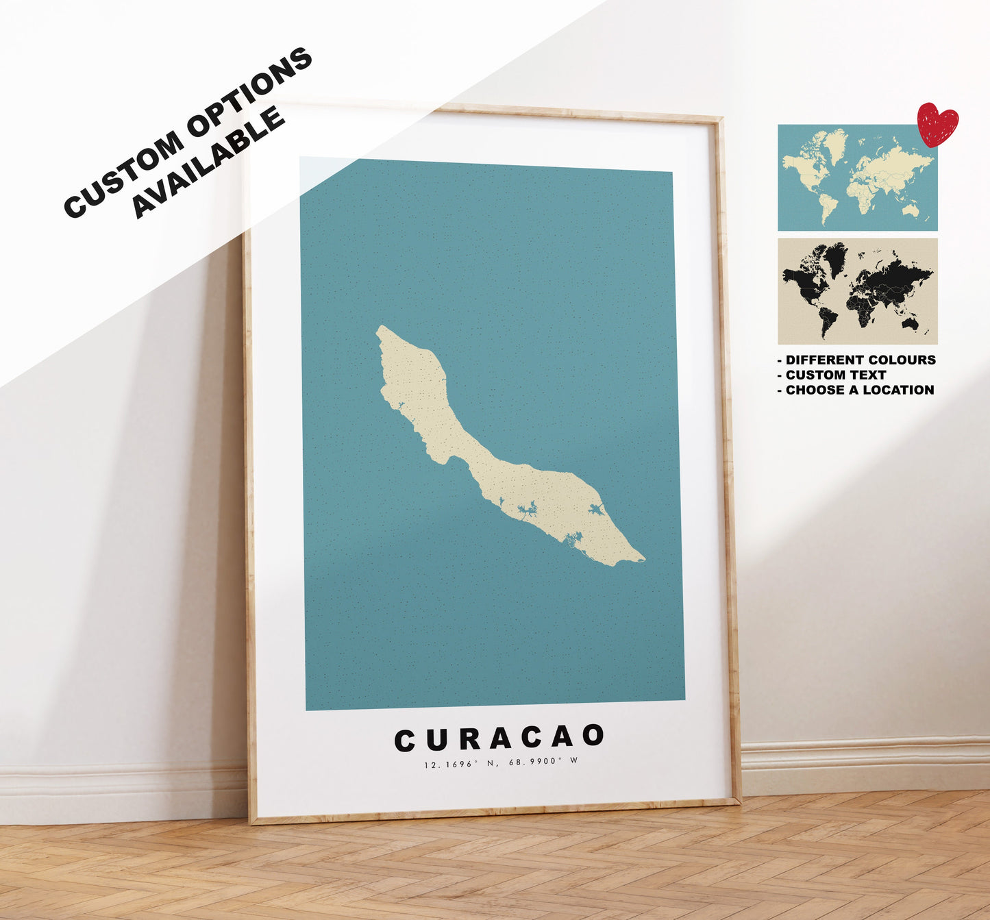 Curacao Map Print - Personalised Map Gift - Framed or Canvas Options Available - Custom Text Options - Personalised Gift - Caribbean