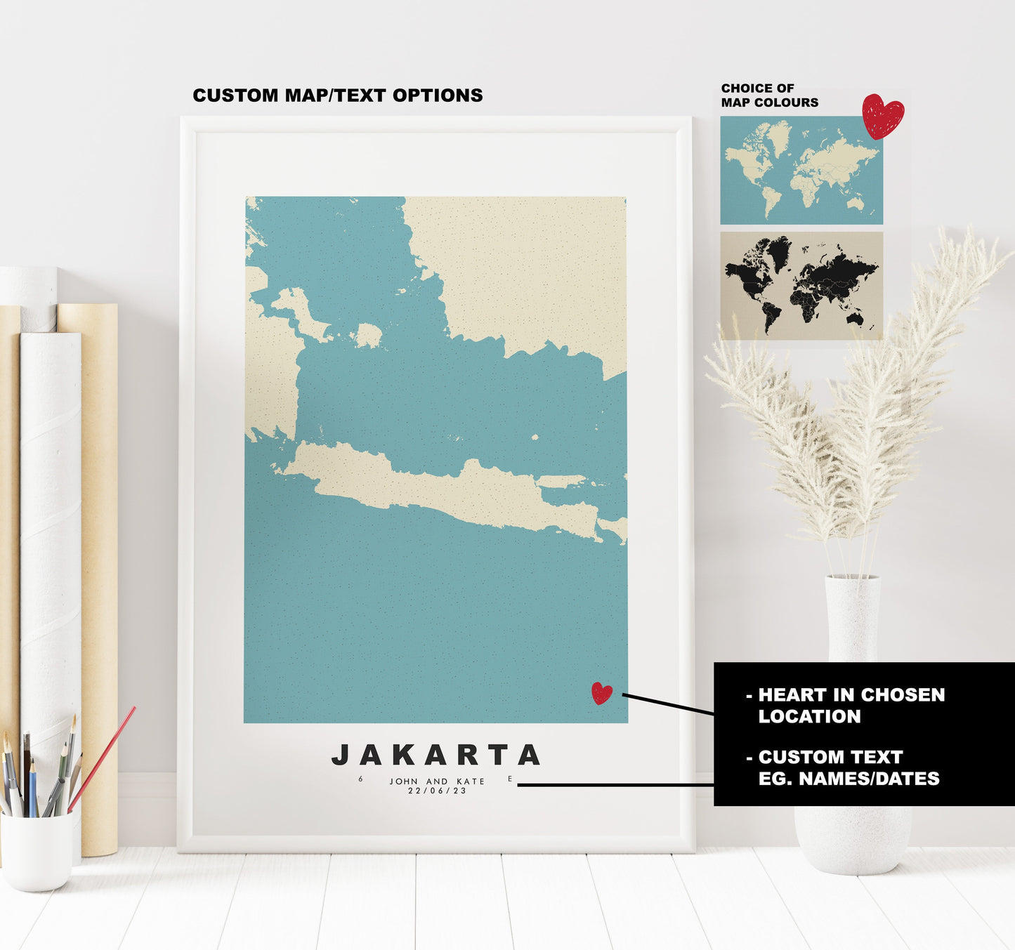 Jakarta Map Print - Personalised Map Gift - Framed or Canvas Options Available - Custom Text Options - Personalised Gift - Asia