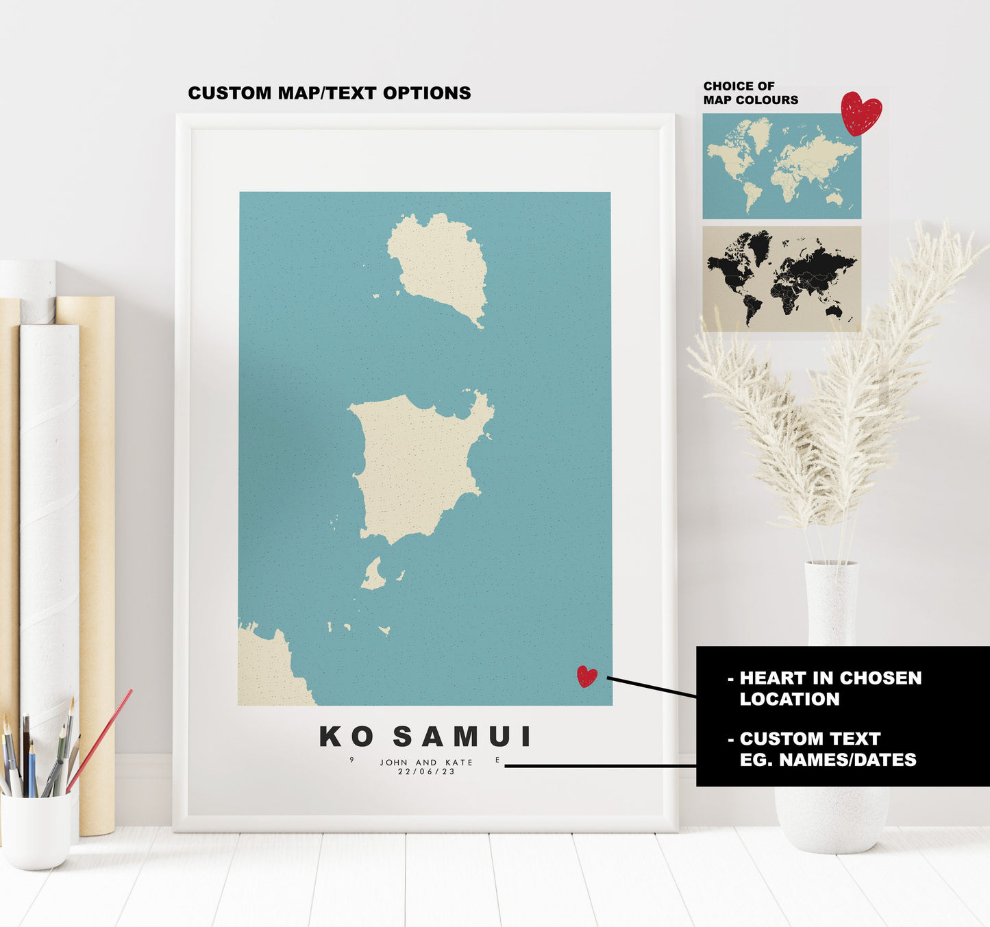 Ko Samui Map Print - Personalised Map Gift - Framed or Canvas Options Available - Custom Text Options - Personalised Gift - Asia