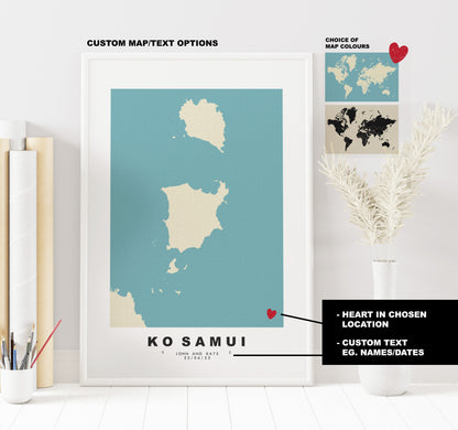 Ko Samui Map Print - Personalised Map Gift - Framed or Canvas Options Available - Custom Text Options - Personalised Gift - Asia