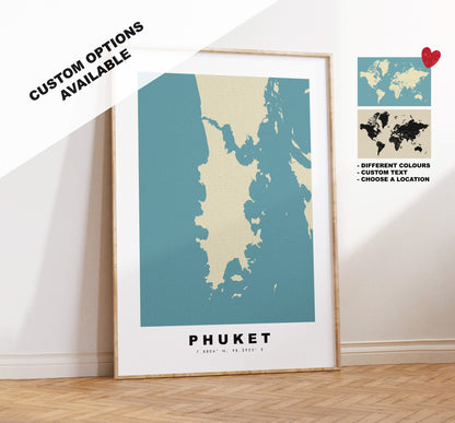 Phuket Map Print - Personalised Map Gift - Framed or Canvas Options Available - Custom Text Options - Personalised Gift - Asia