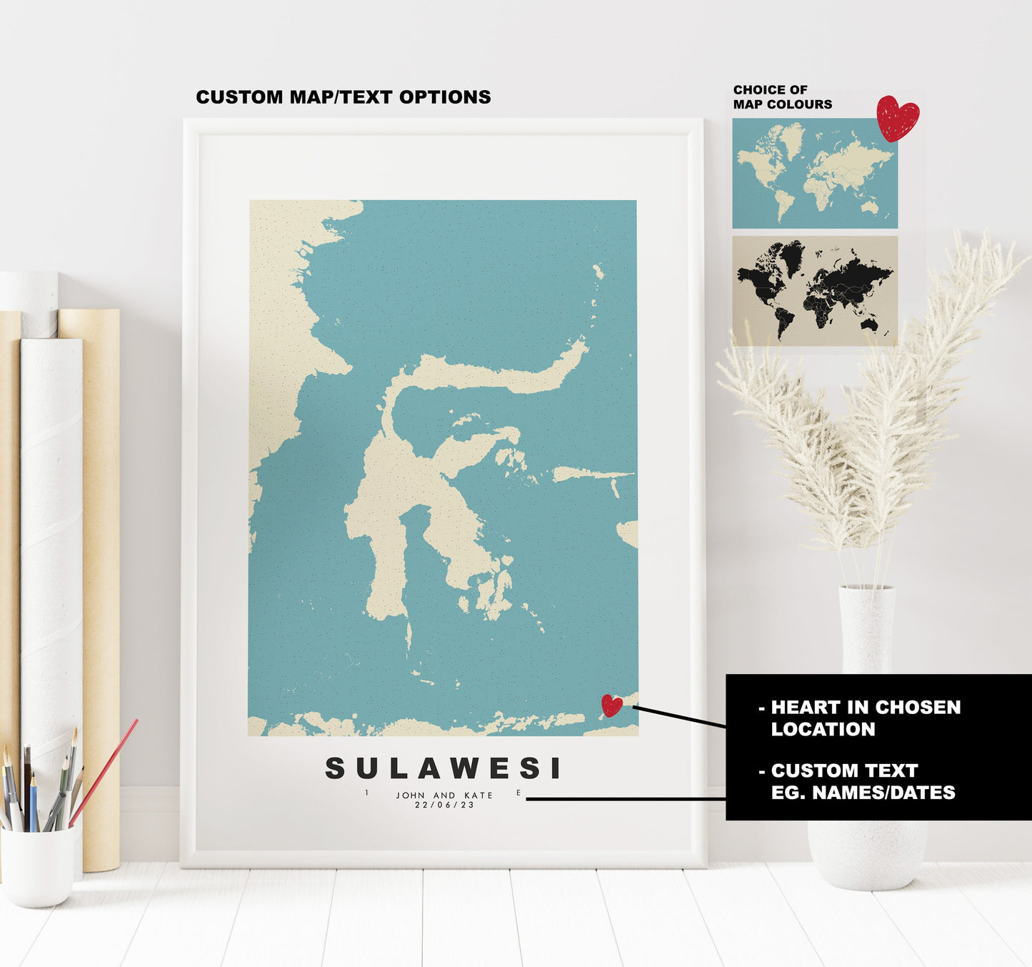 Sulawesi Map Print - Personalised Map Gift - Framed or Canvas Options Available - Custom Text Options - Personalised Gift - Asia