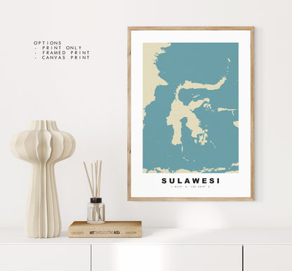 Sulawesi Map Print - Personalised Map Gift - Framed or Canvas Options Available - Custom Text Options - Personalised Gift - Asia