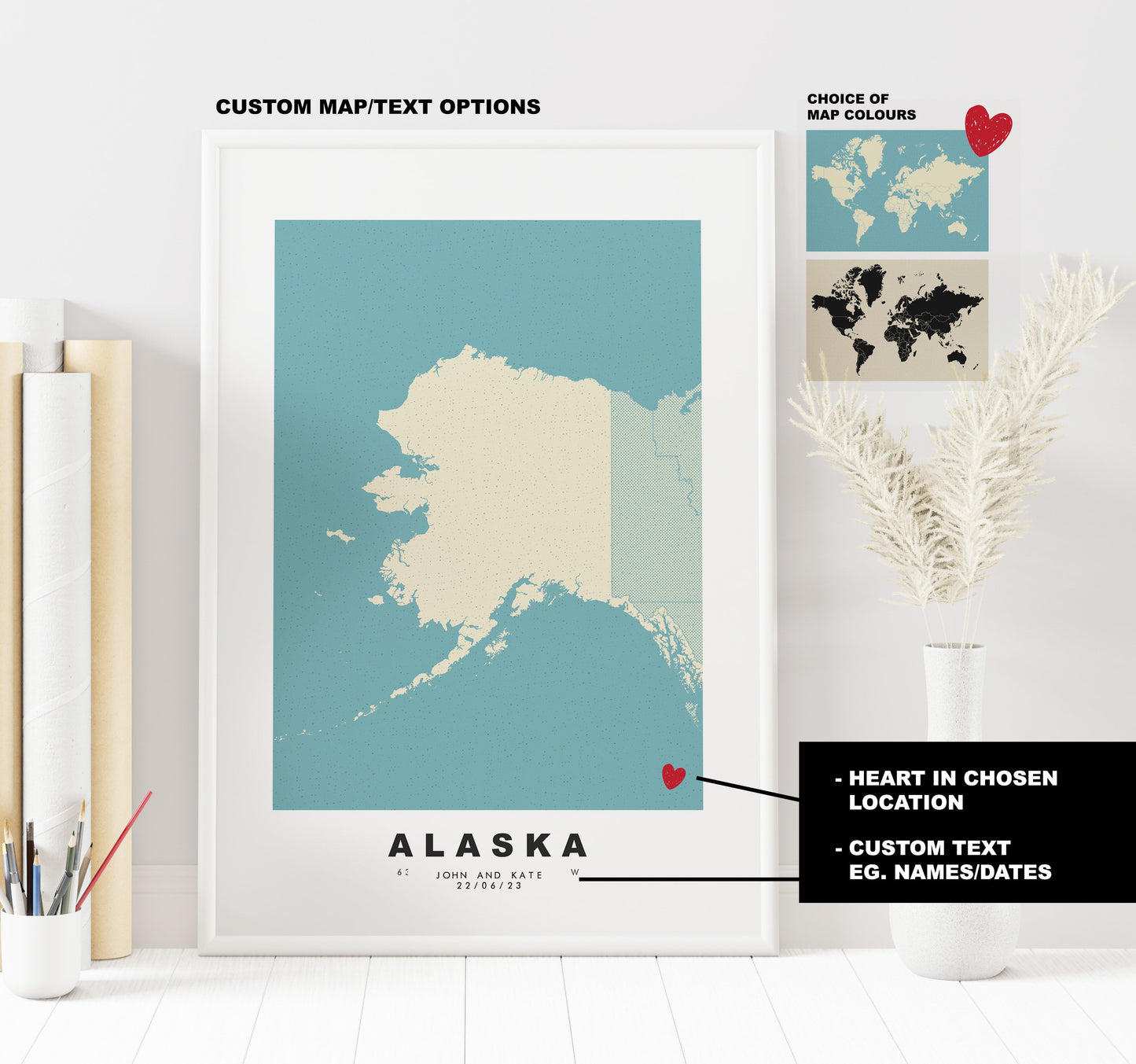 Alaska Map Print - Personalised Map Gift - Framed or Canvas Options Available - Custom Text Options - Personalised Gift - US States & Islands