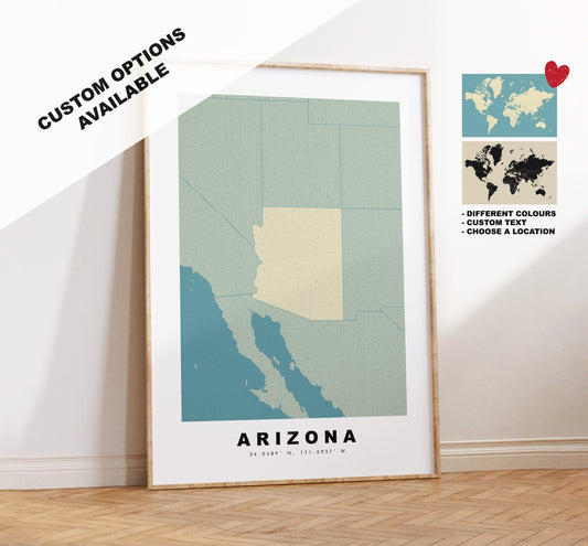 Arizona Map Print - Personalised Map Gift - Framed or Canvas Options Available - Custom Text Options - Personalised Gift - US States & Islands