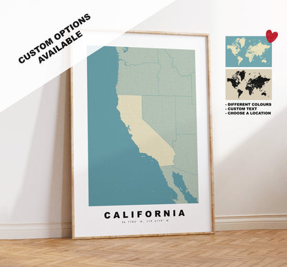 California Map Print - Personalised Map Gift - Framed or Canvas Options Available - Custom Text Options - Personalised Gift - US States & Islands