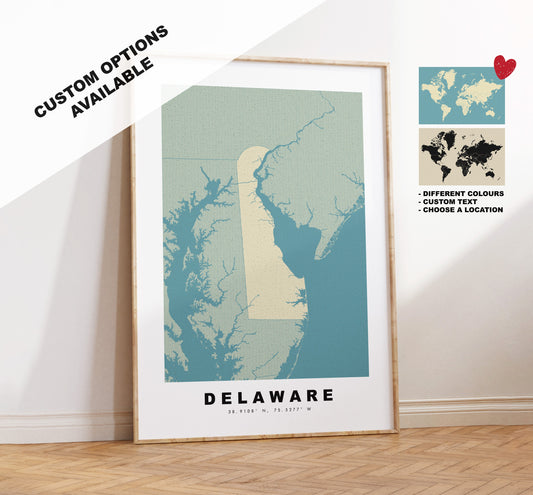 Delaware Map Print - Personalised Map Gift - Framed or Canvas Options Available - Custom Text Options - Personalised Gift - US States & Islands