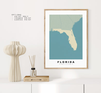 Florida Map Print - Personalised Map Gift - Framed or Canvas Options Available - Custom Text Options - Personalised Gift - US States & Islands