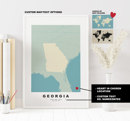 Georgia State Map Print - Personalised Map Gift - Framed or Canvas Options Available - Custom Text Options - Personalised Gift - US States & Islands