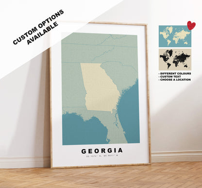 Georgia State Map Print - Personalised Map Gift - Framed or Canvas Options Available - Custom Text Options - Personalised Gift - US States & Islands