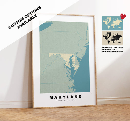 Maryland Map Print - Personalised Map Gift - Framed or Canvas Options Available - Custom Text Options - Personalised Gift - US States & Islands