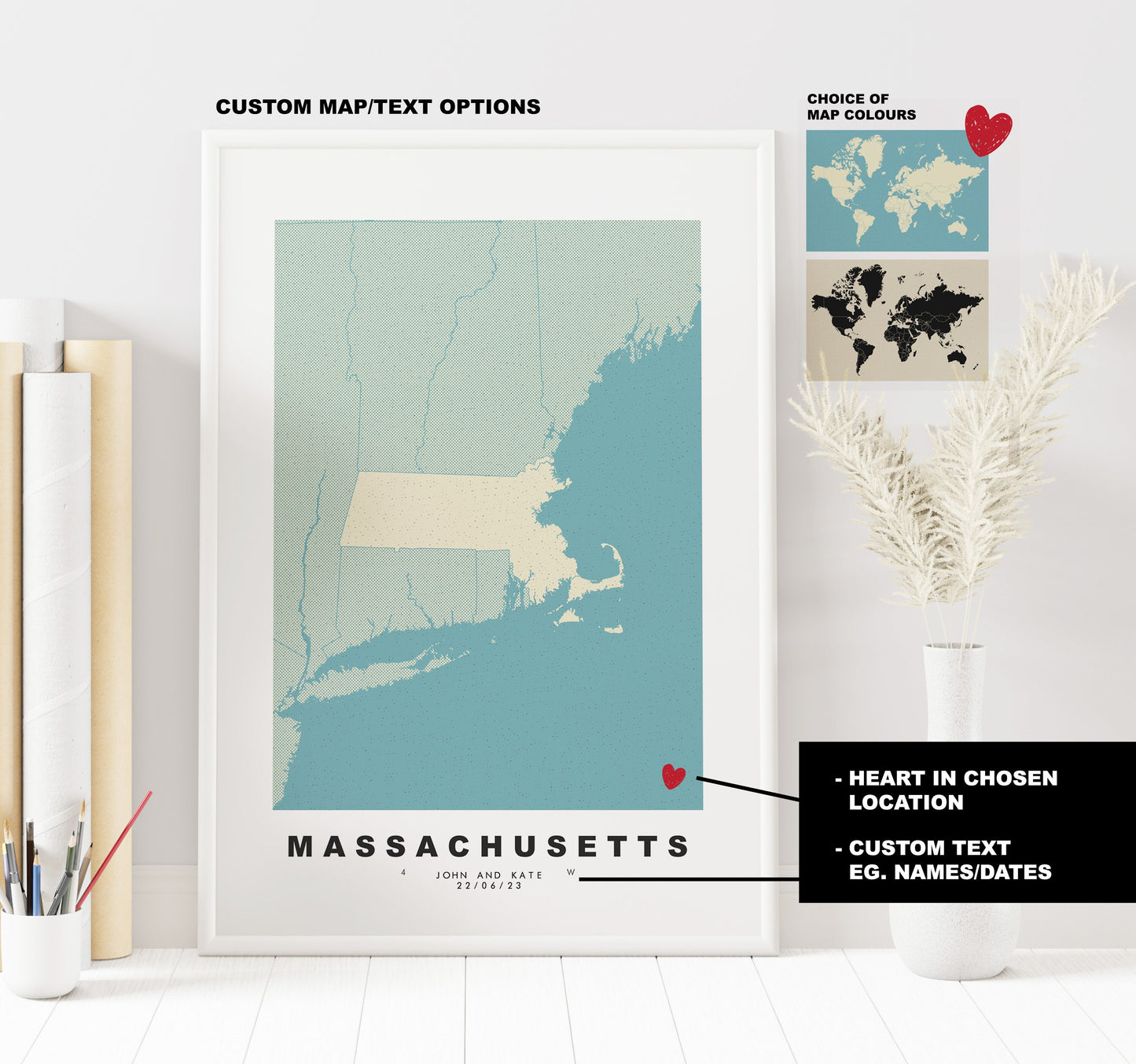 Massachusetts Map Print - Personalised Map Gift - Framed or Canvas Options Available - Custom Text Options - Personalised Gift - US States & Islands