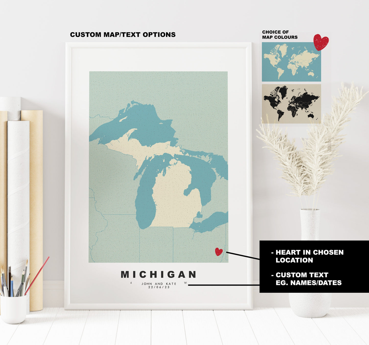 Michigan Map Print - Personalised Map Gift - Framed or Canvas Options Available - Custom Text Options - Personalised Gift - US States & Islands