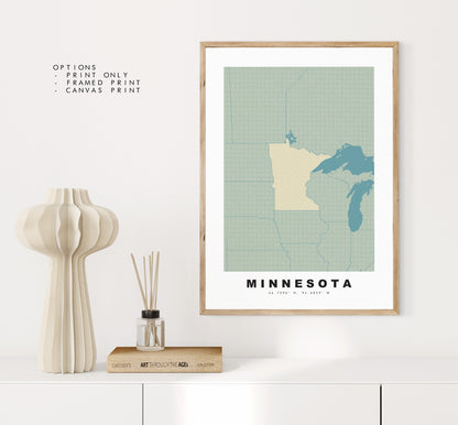 Minnesota Map Print - Personalised Map Gift - Framed or Canvas Options Available - Custom Text Options - Personalised Gift - US States & Islands